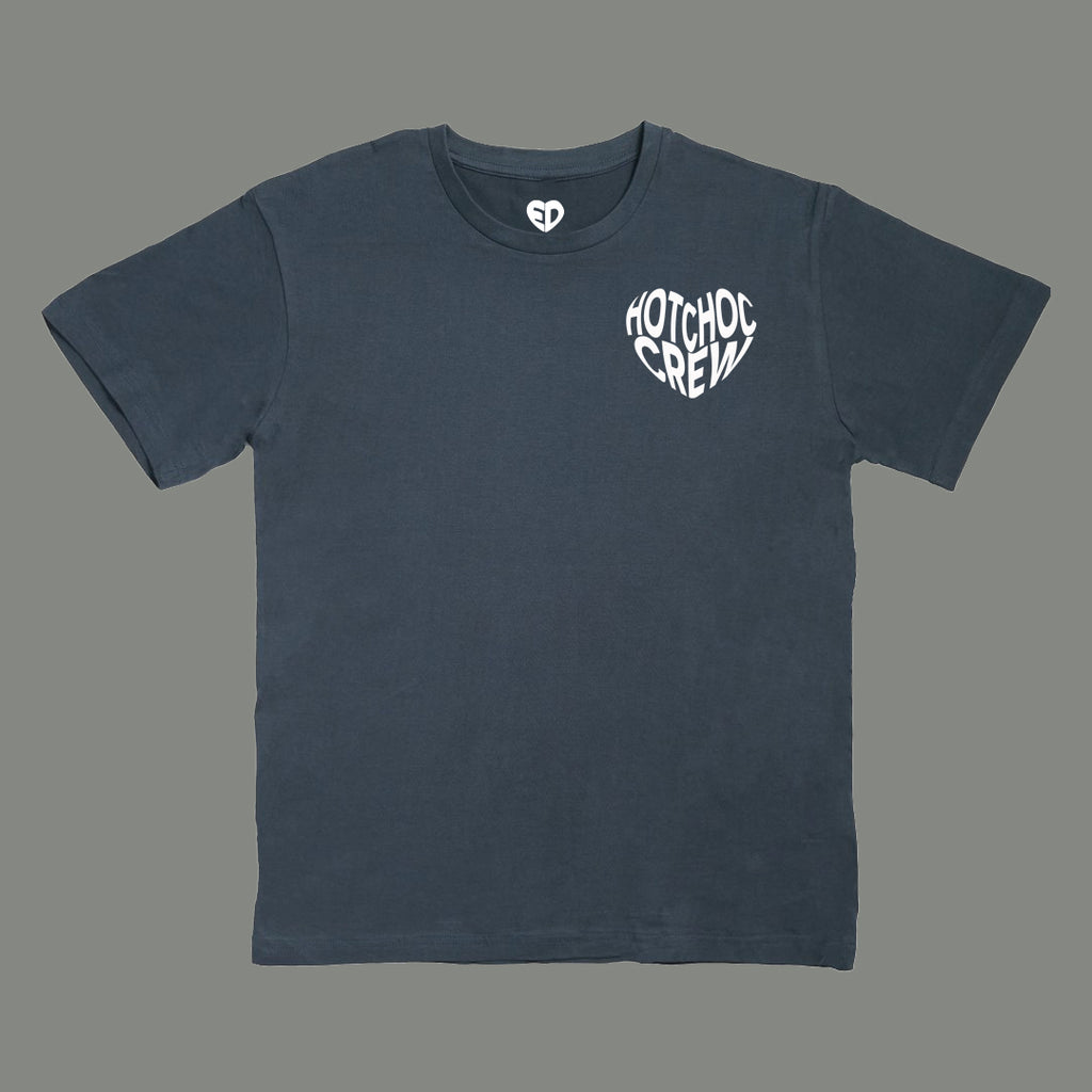 Faded blue t-shirt with 'Hotchoc Crew' logo on a gray background