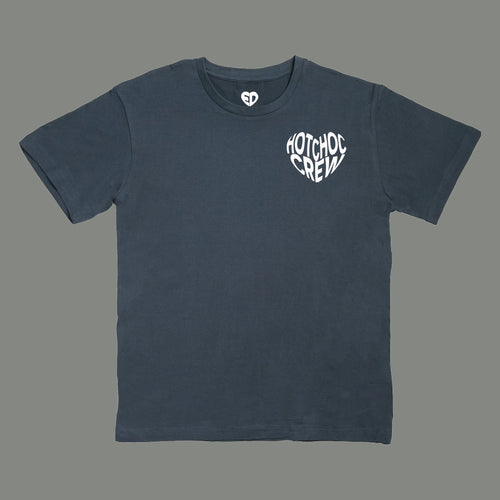 Faded blue t-shirt with 'Hotchoc Crew' logo on a gray background