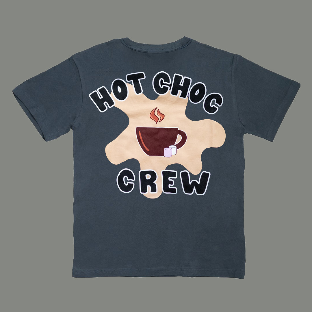Faded blue t-shirt with 'Hot Choc Crew' design featuring a cup of hot chocolate and marshmallows on a gray background.