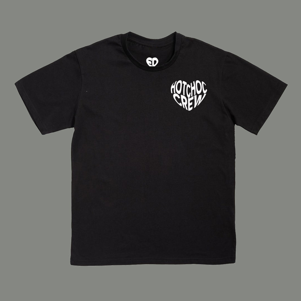 Black t-shirt with 'Hotchoc Crew' logo on a gray background