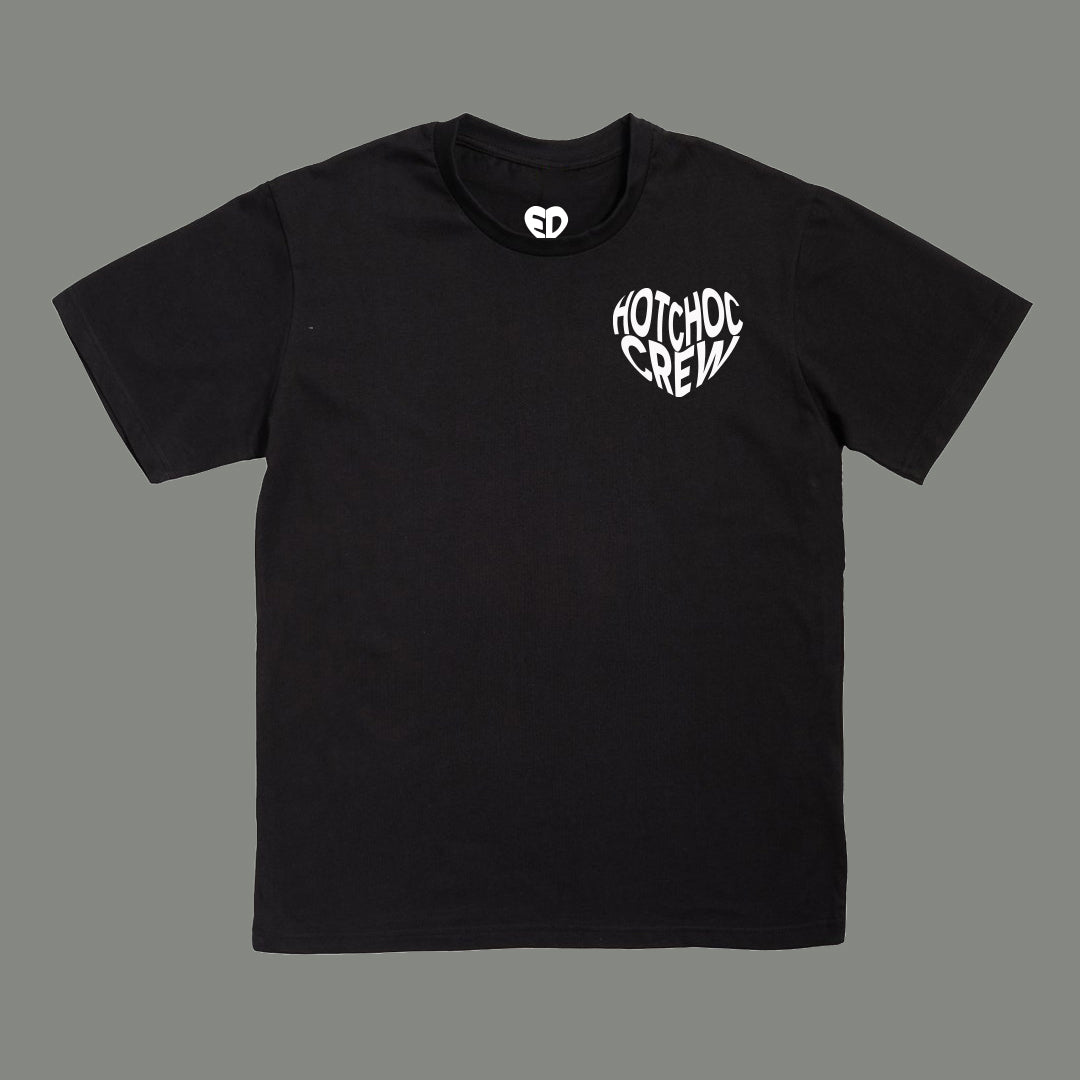 Black t-shirt with 'Hotchoc Crew' logo on a gray background