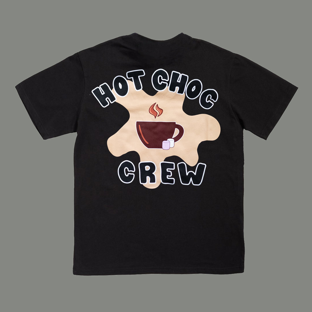 Black t-shirt with 'Hot Choc Crew' design featuring a cup of hot chocolate on a gray background