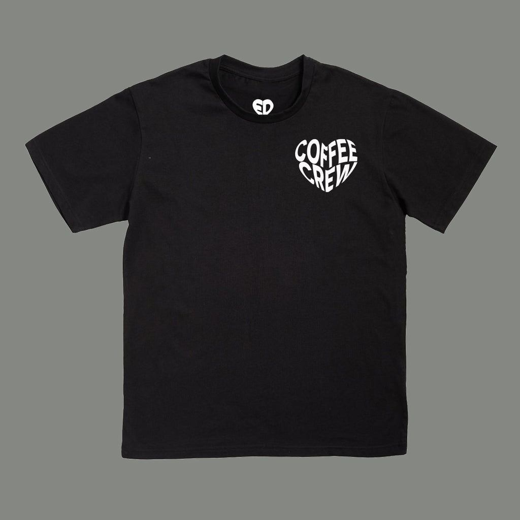 Black t-shirt with 'Coffee Crew' logo on a gray background