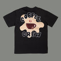 Black t-shirt with 'Coffee Crew' graphic on a gray background