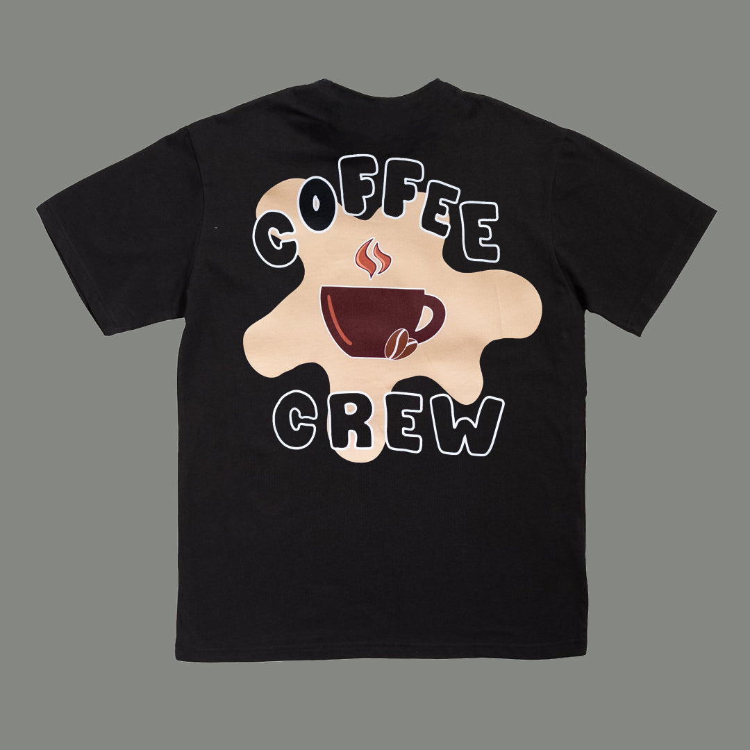 Black t-shirt with 'Coffee Crew' graphic on a gray background
