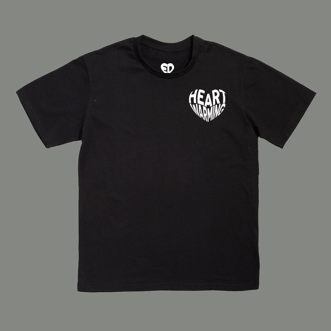 Black t-shirt with a white logo on a gray background