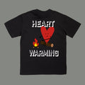 Black t-shirt with a heart and fire graphic and 'HEART WARMING' text on a gray background