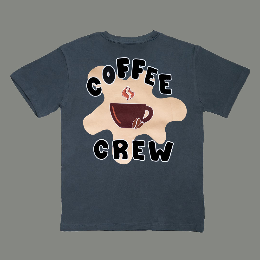 Faded blue t-shirt with 'Coffee Crew' graphic on a gray background