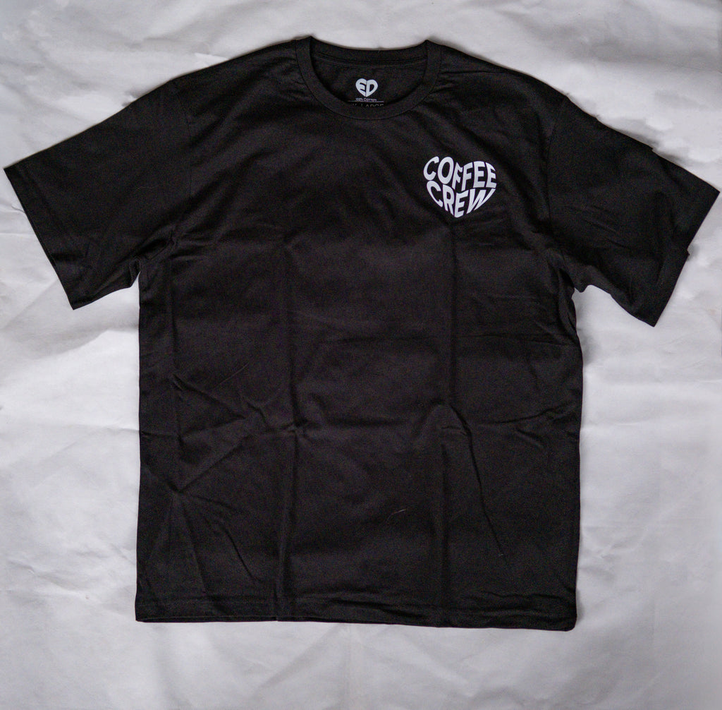 Black t-shirt with 'Coffee Crew' logo on a white background