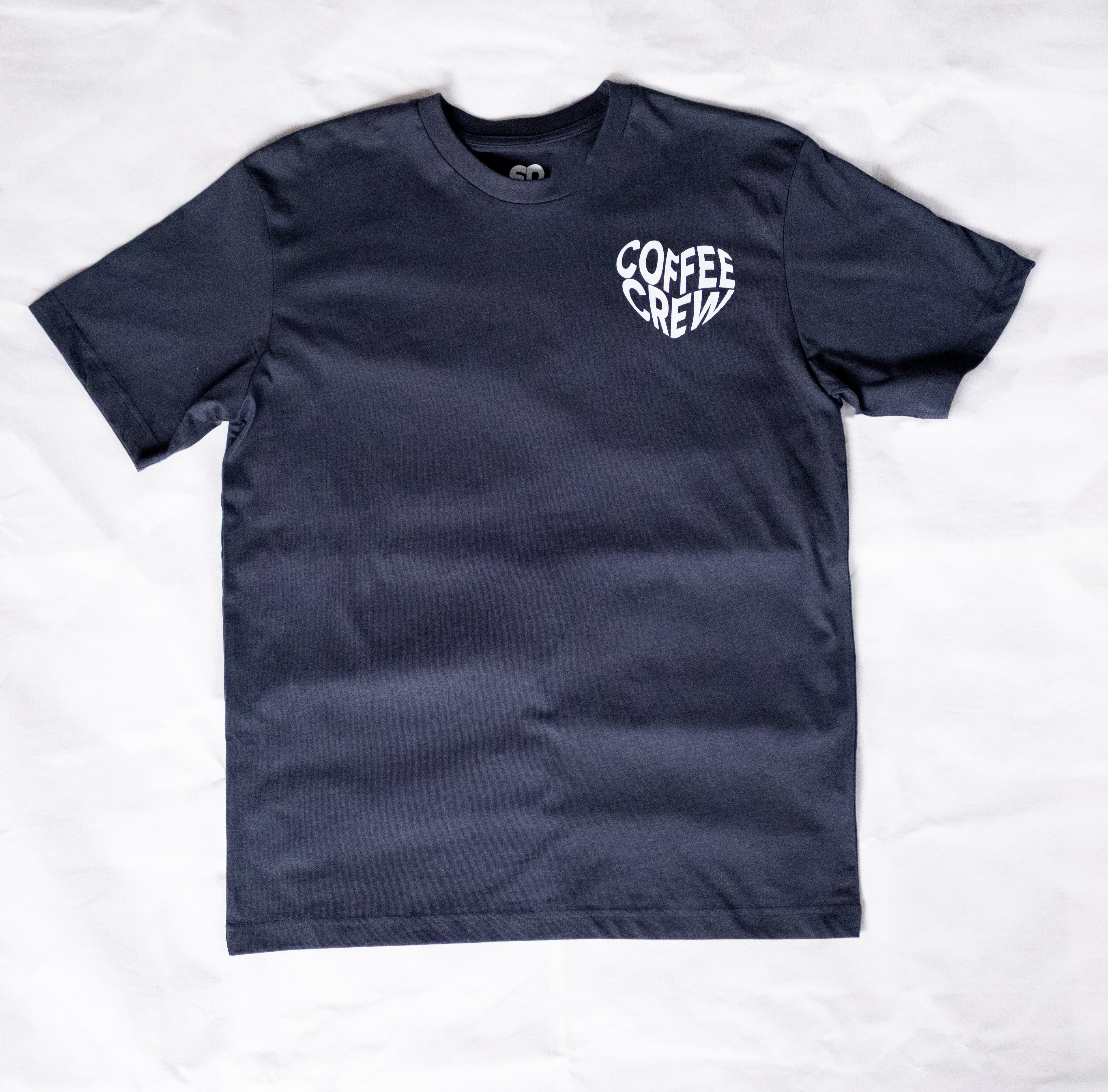 Navy blue t-shirt with a white logo on a white background