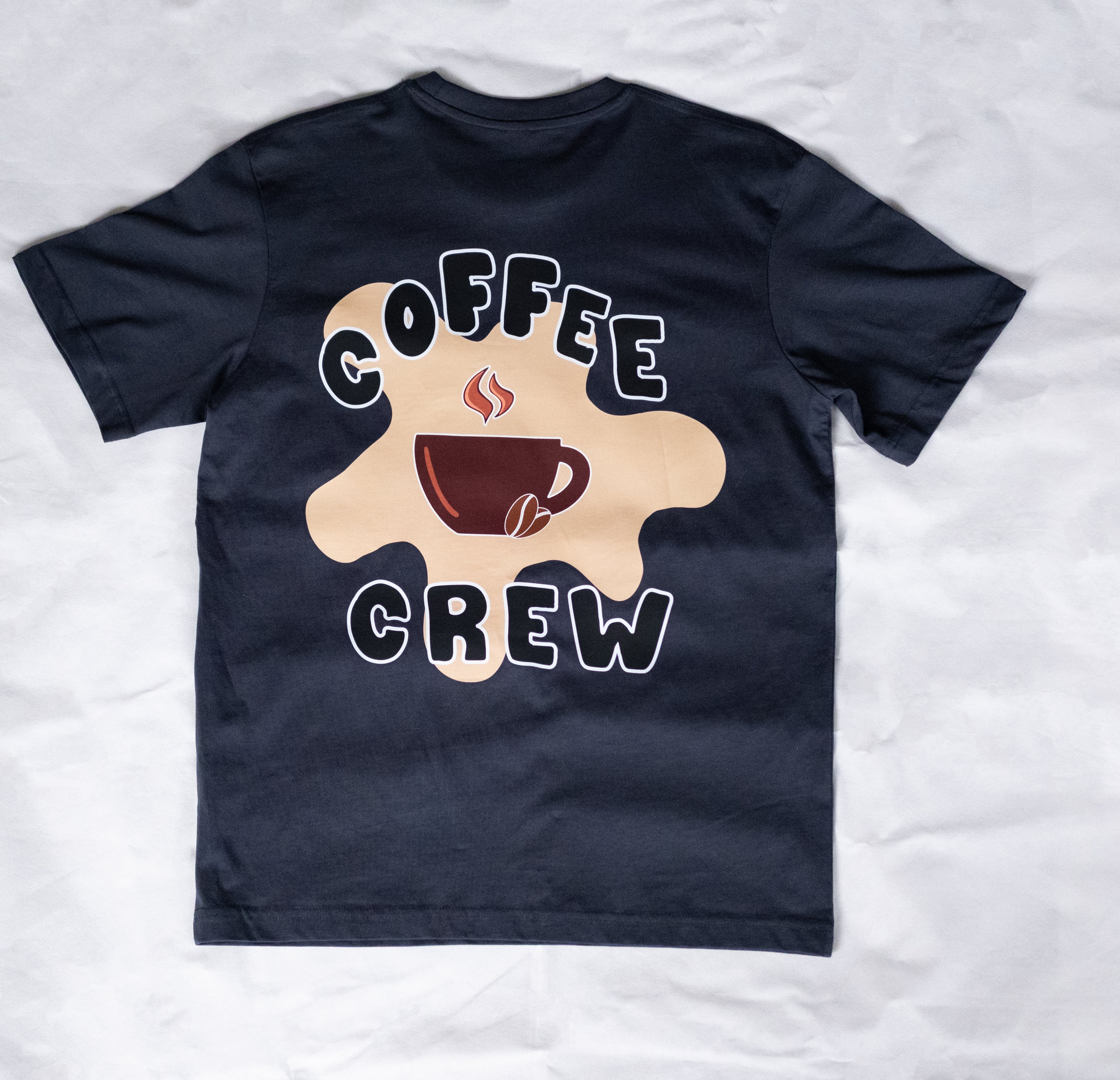 Black t-shirt with 'Coffee Crew' graphic on a white background