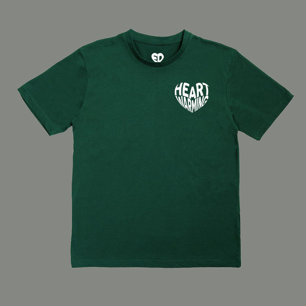 Green t-shirt with a white logo on a gray background