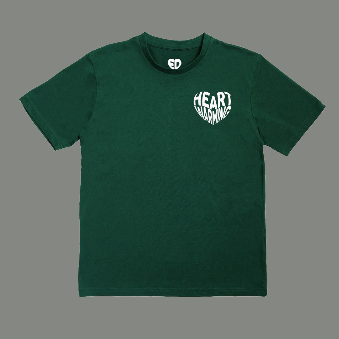 Green t-shirt with a white logo on a gray background