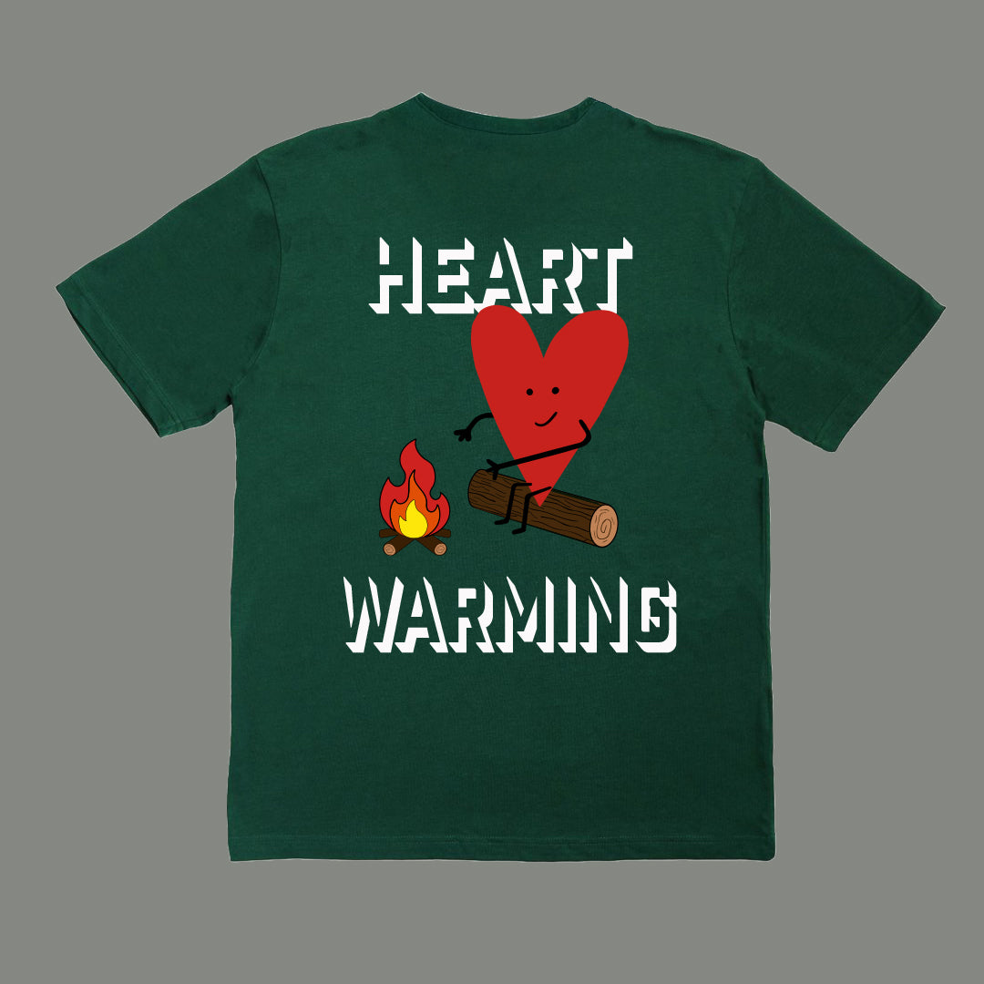 Green t-shirt with a heart and fire graphic and 'HEART WARMING' text on a gray background