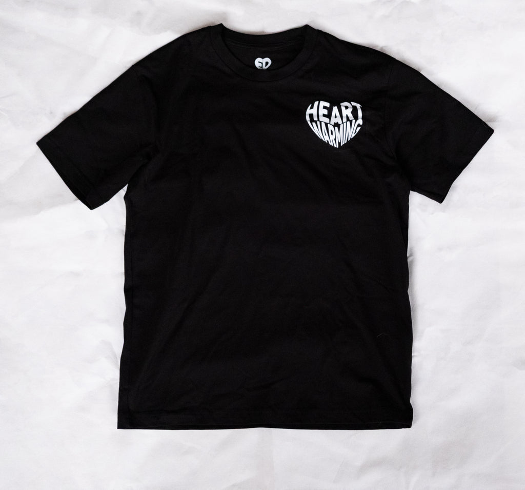 Black t-shirt with white text on a white background