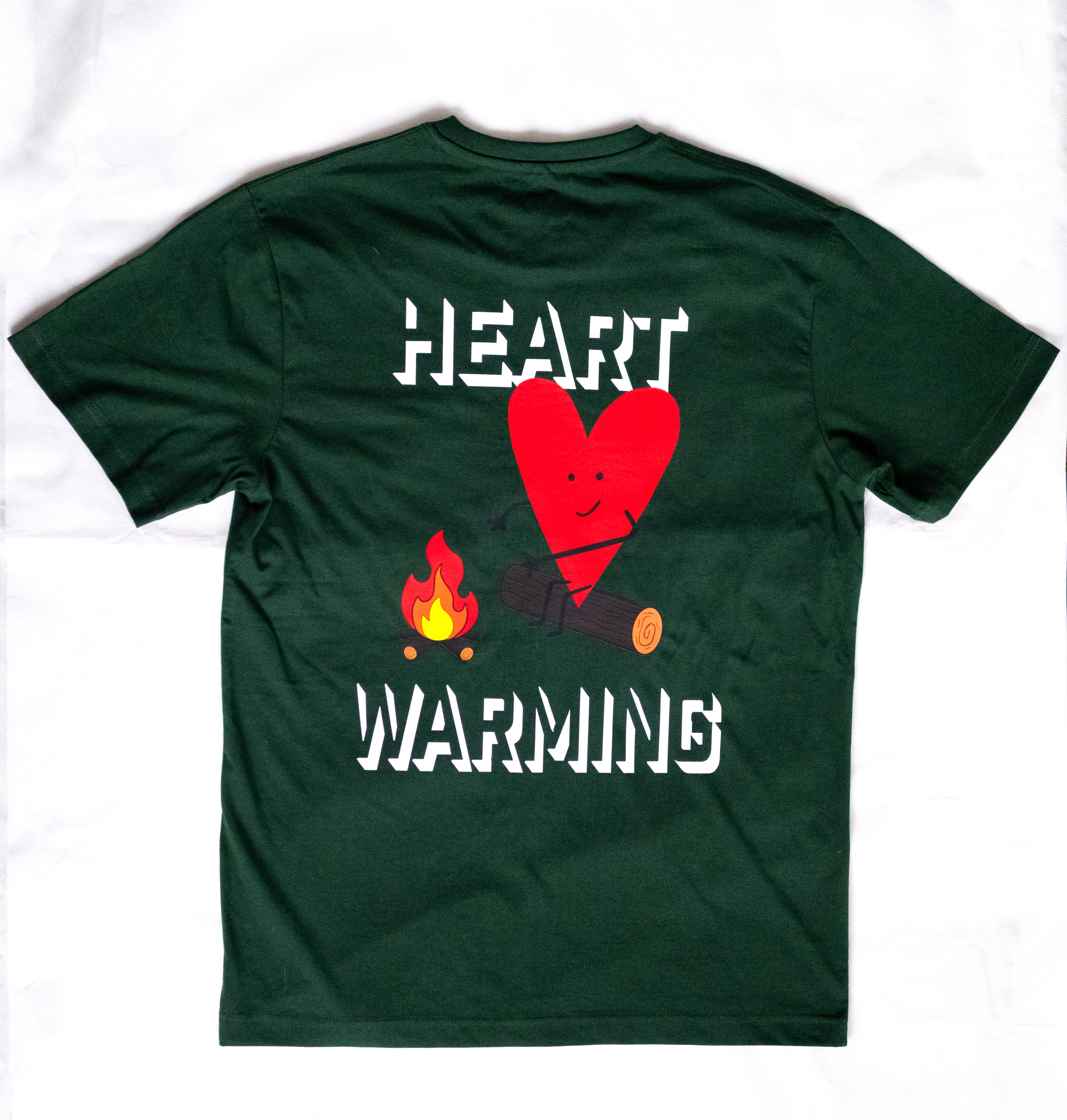 Green t-shirt with a red heart and flame graphic on a white background