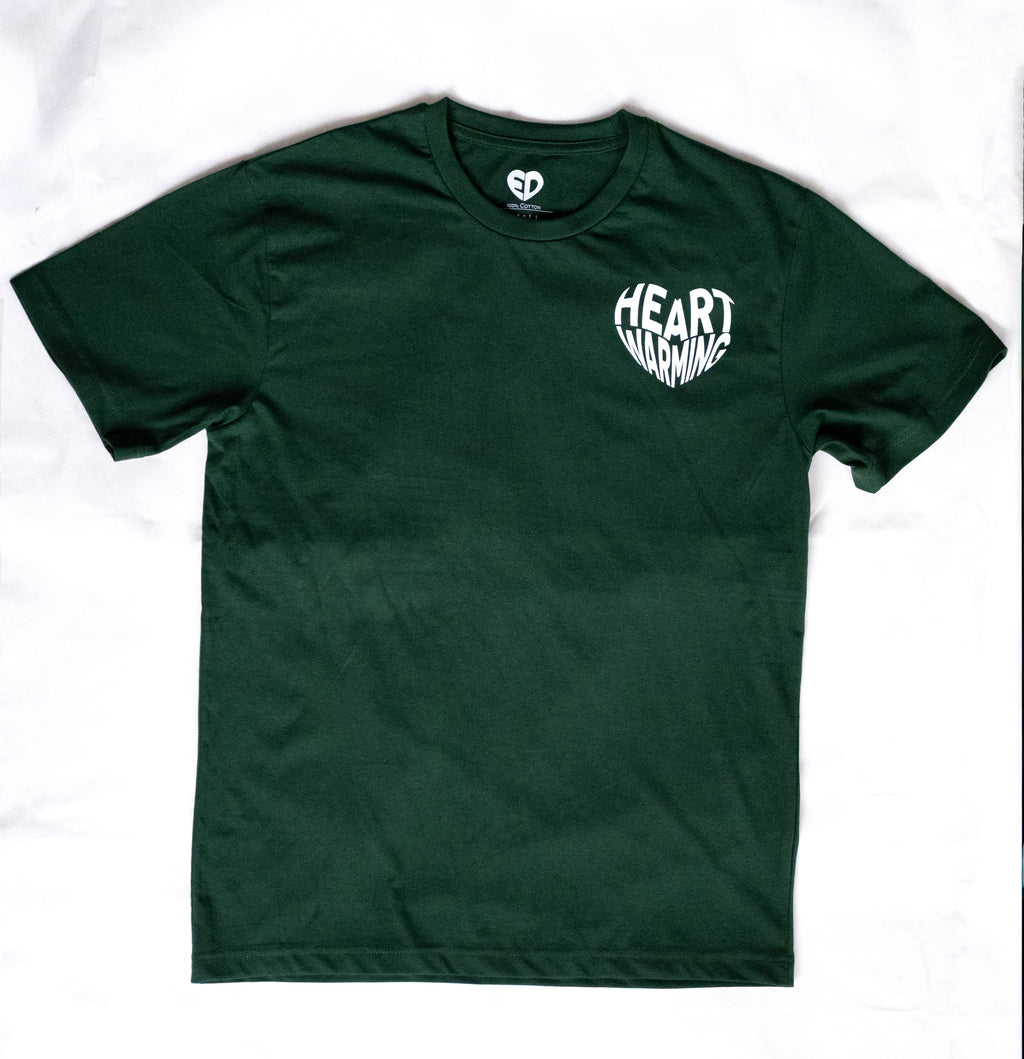 Green t-shirt with a white logo on a white background