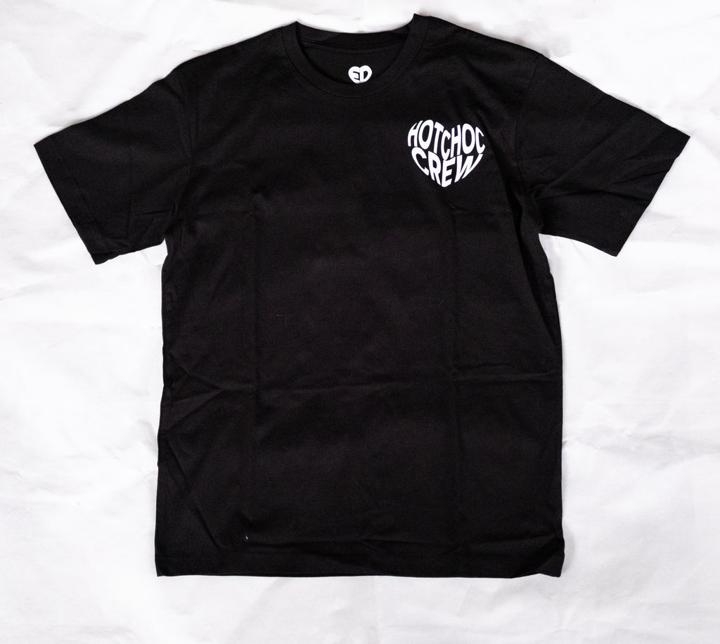 Black t-shirt with white logo on a white background