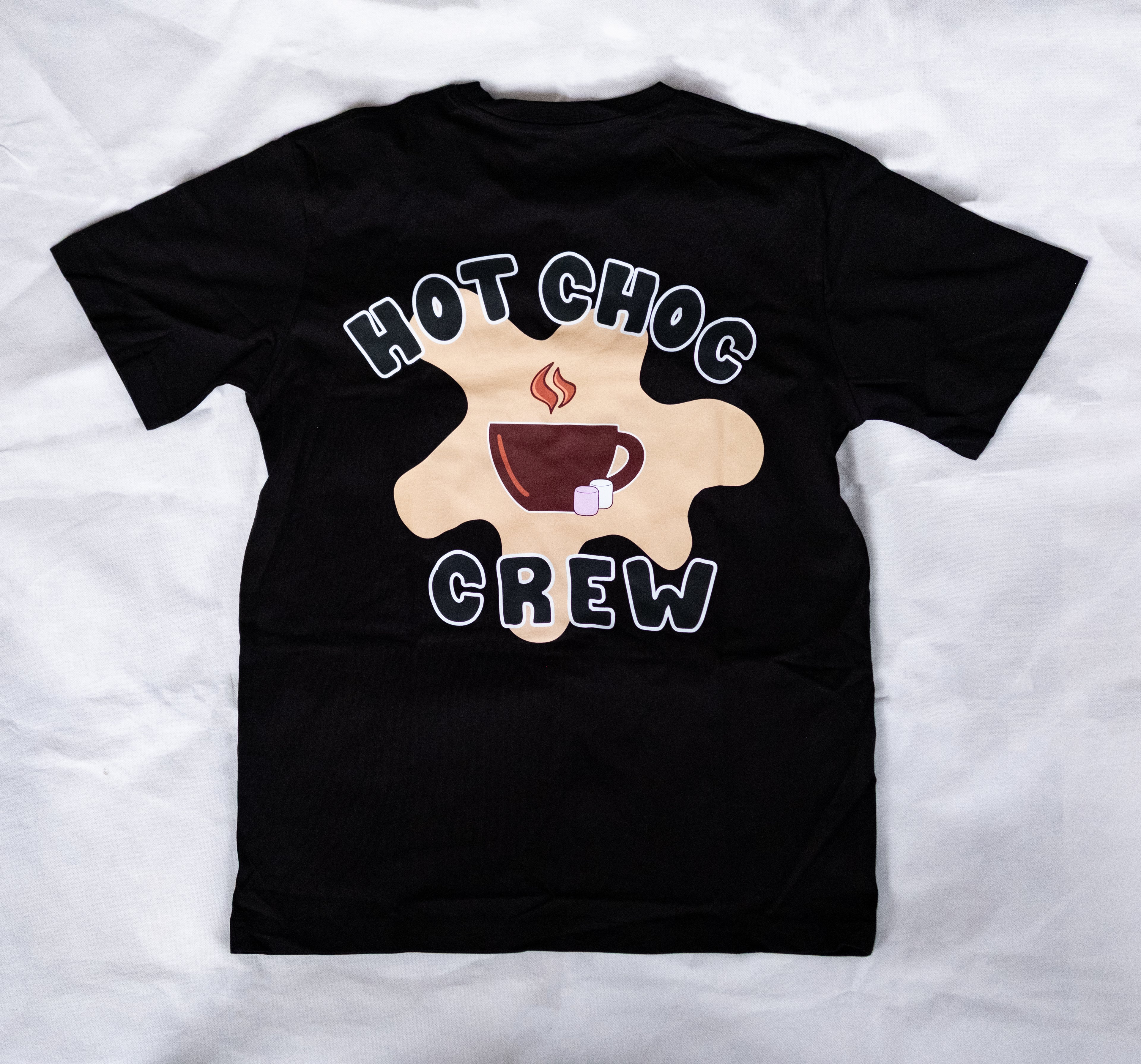 Black t-shirt with 'Hot Choc Crew' design on a white background