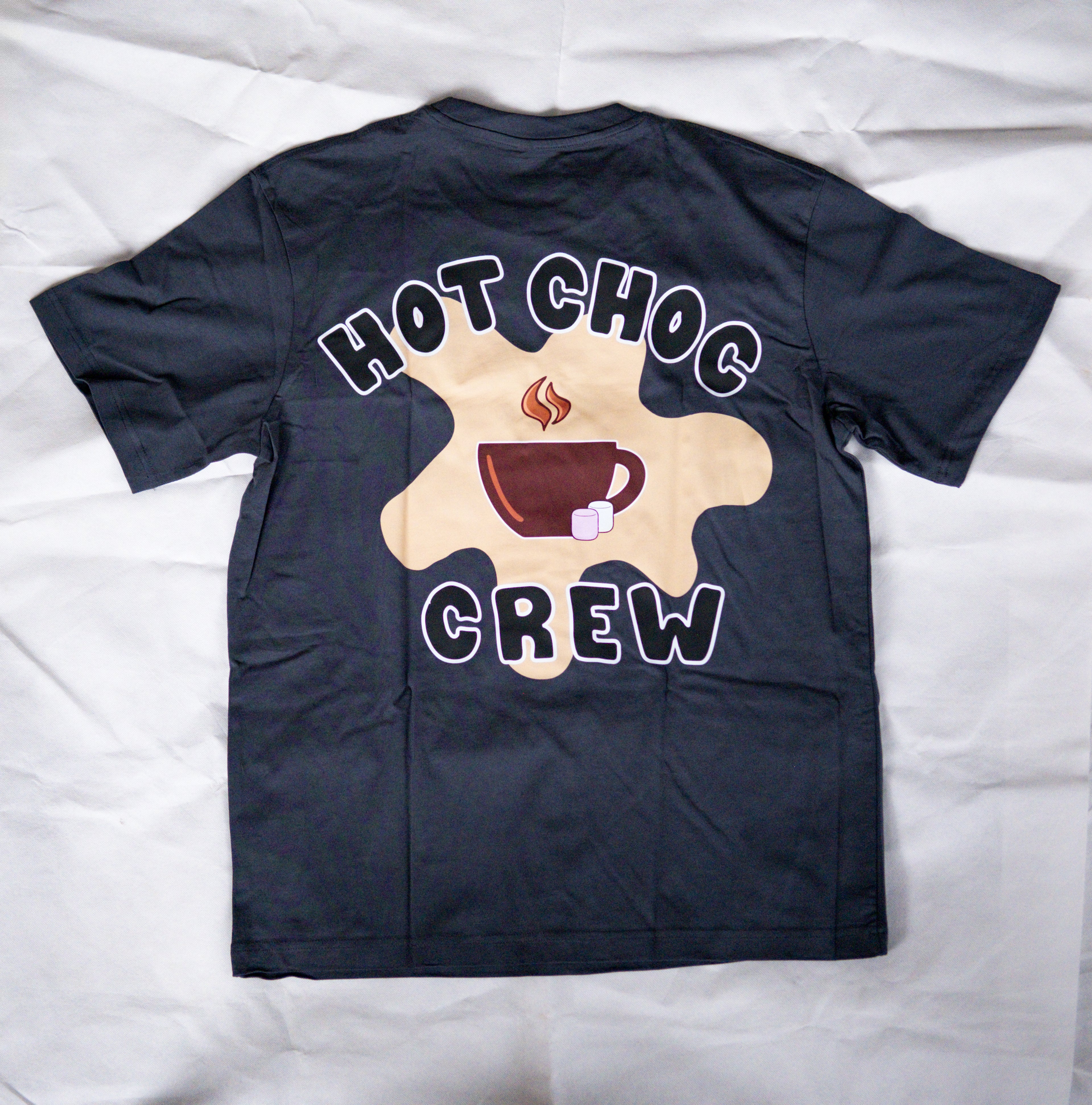 Navy blue t-shirt with 'Hot Choc Crew' design on a white background