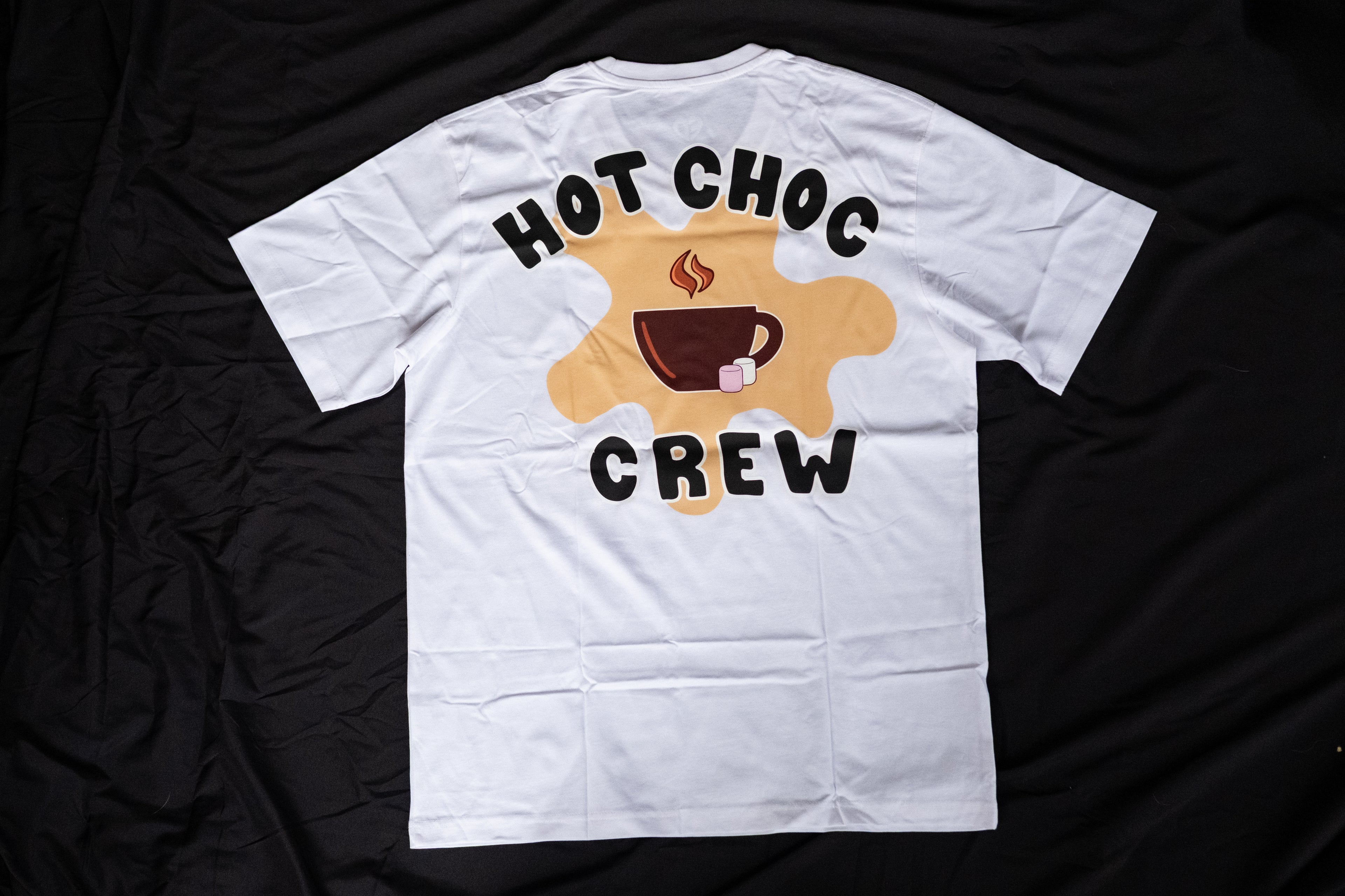 White t-shirt with 'Hot Choc Crew' design on a black background