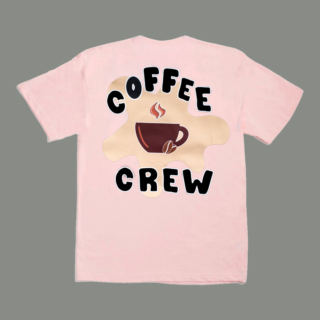 Pink t-shirt with 'Coffee Crew' design on a gray background