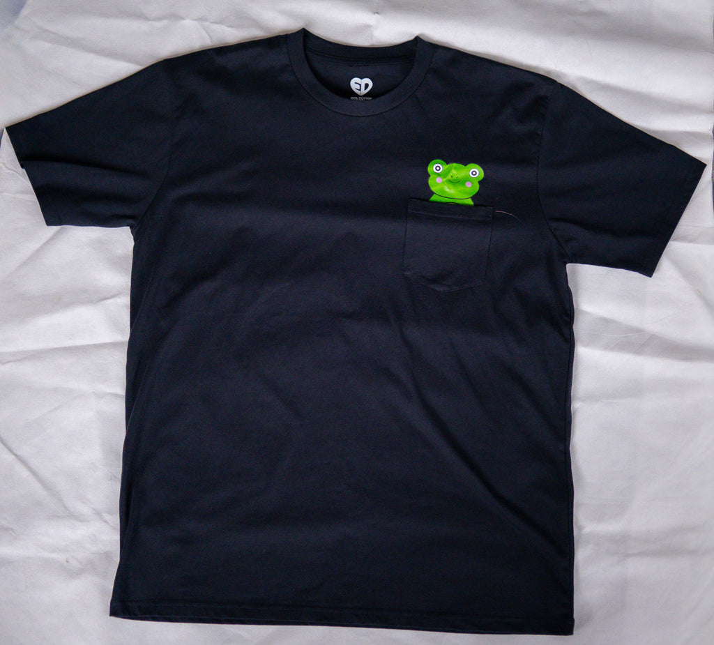 Navy t-shirt with a green frog graphic on a white background