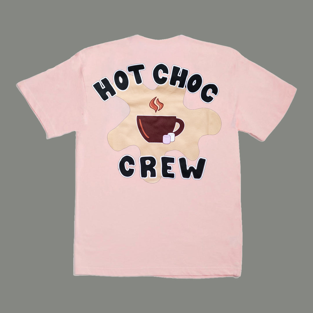 Pink t-shirt with 'Hot Choc Crew' design on a gray background