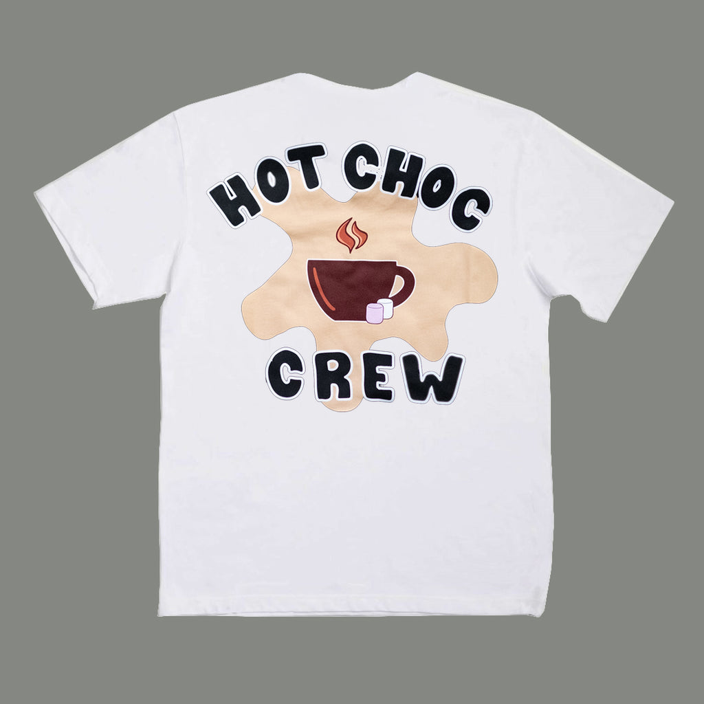 White t-shirt with 'Hot Choc Crew' design on a gray background
