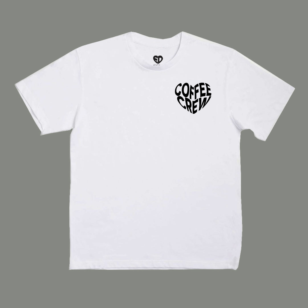 White t-shirt with black 'COFFEE CREW' graphic on a gray background