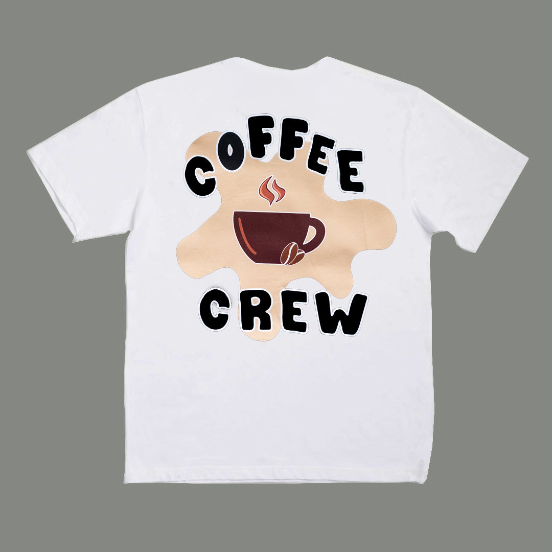 White t-shirt with 'Coffee Crew' graphic design on a gray background