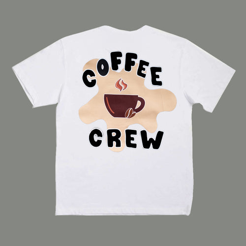 White t-shirt with 'Coffee Crew' graphic design on a gray background