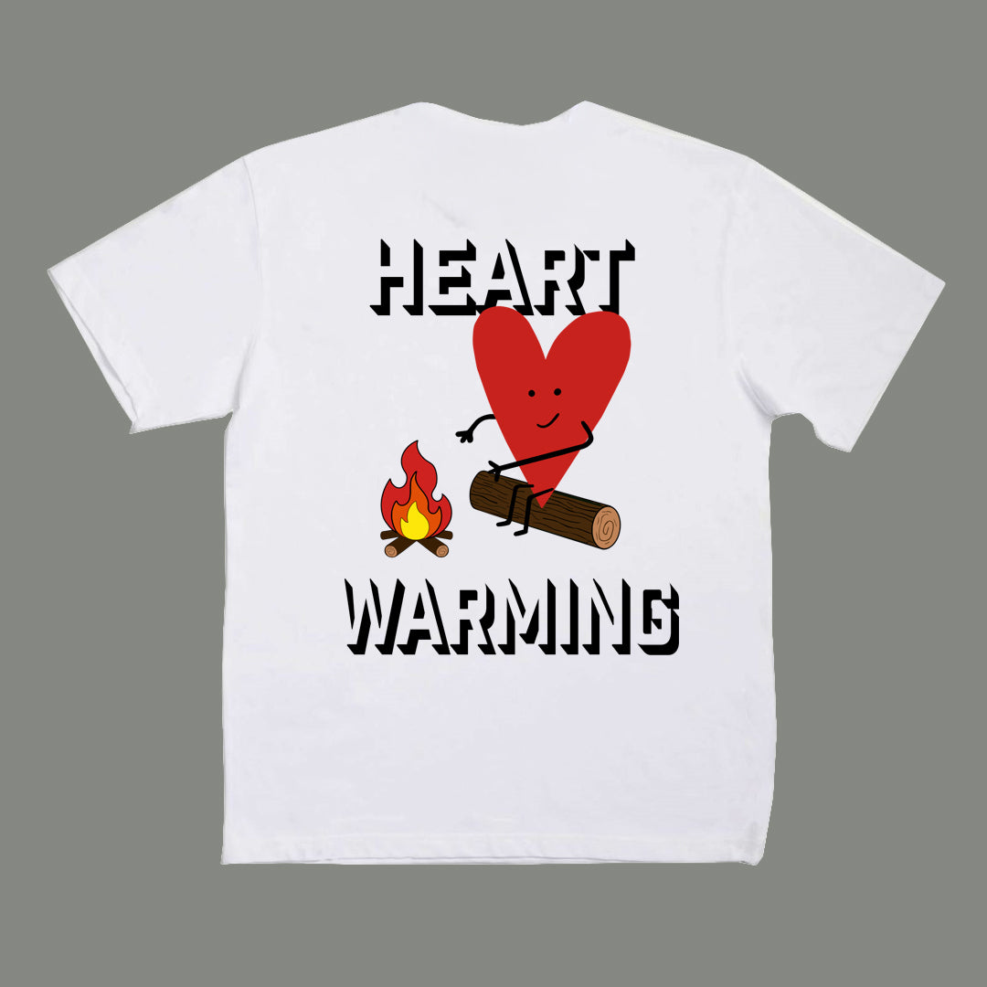 White t-shirt with a red heart and fire graphic on the back, against a gray background